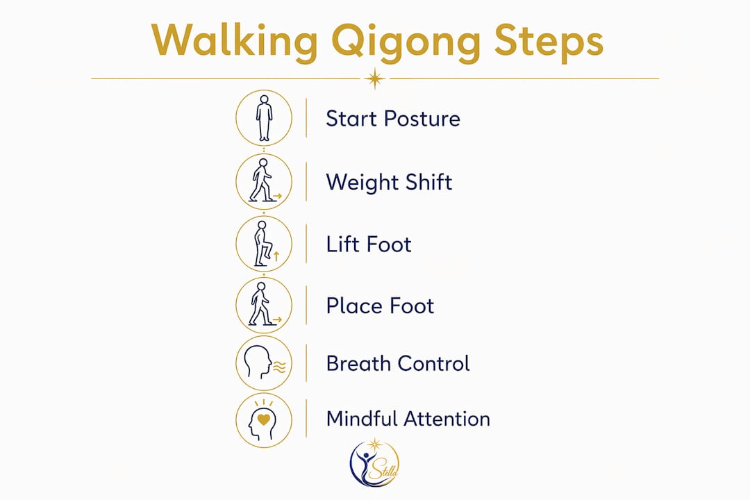 Infographic illustrating key walking qigong practice steps