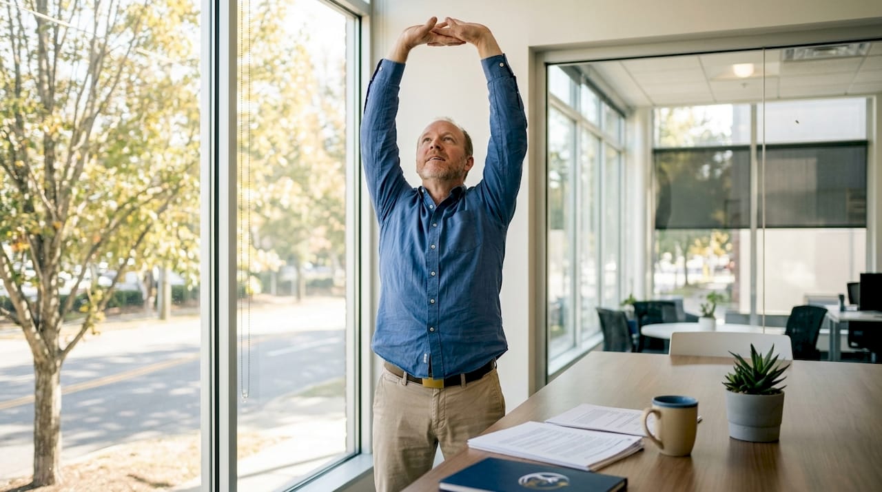 Man stretching during office work break