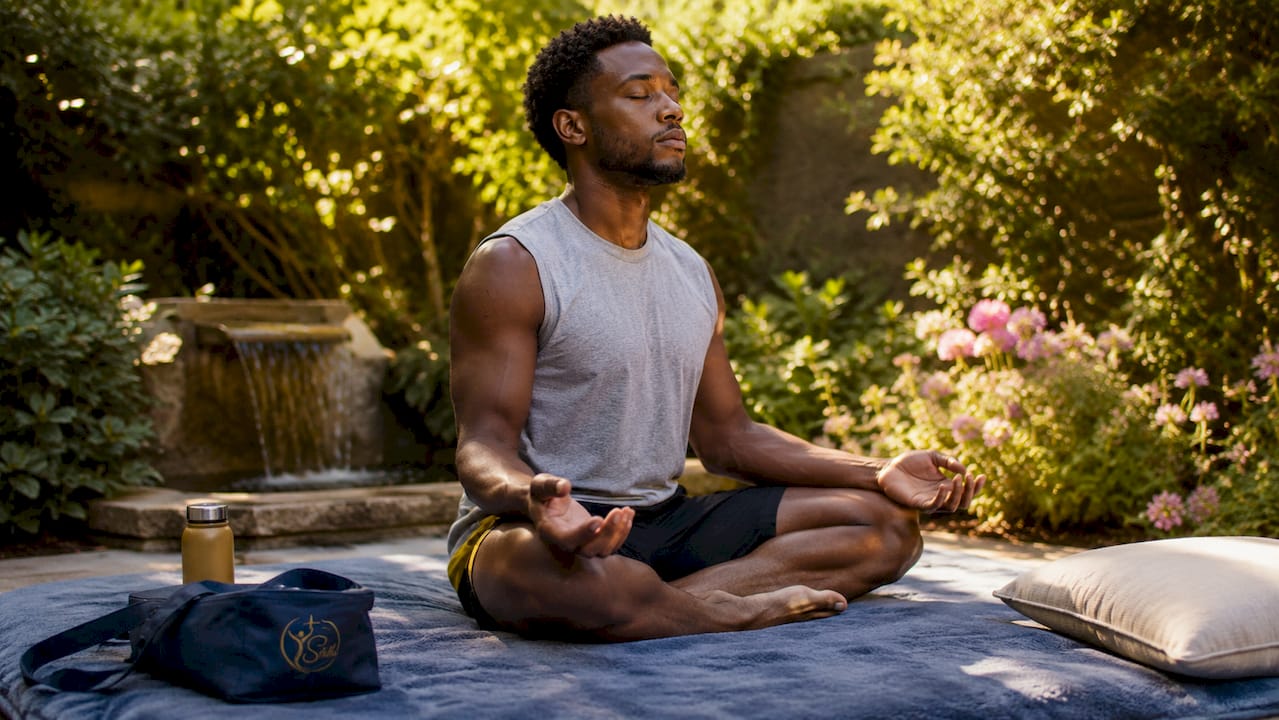 Man meditating in indoor yoga space
