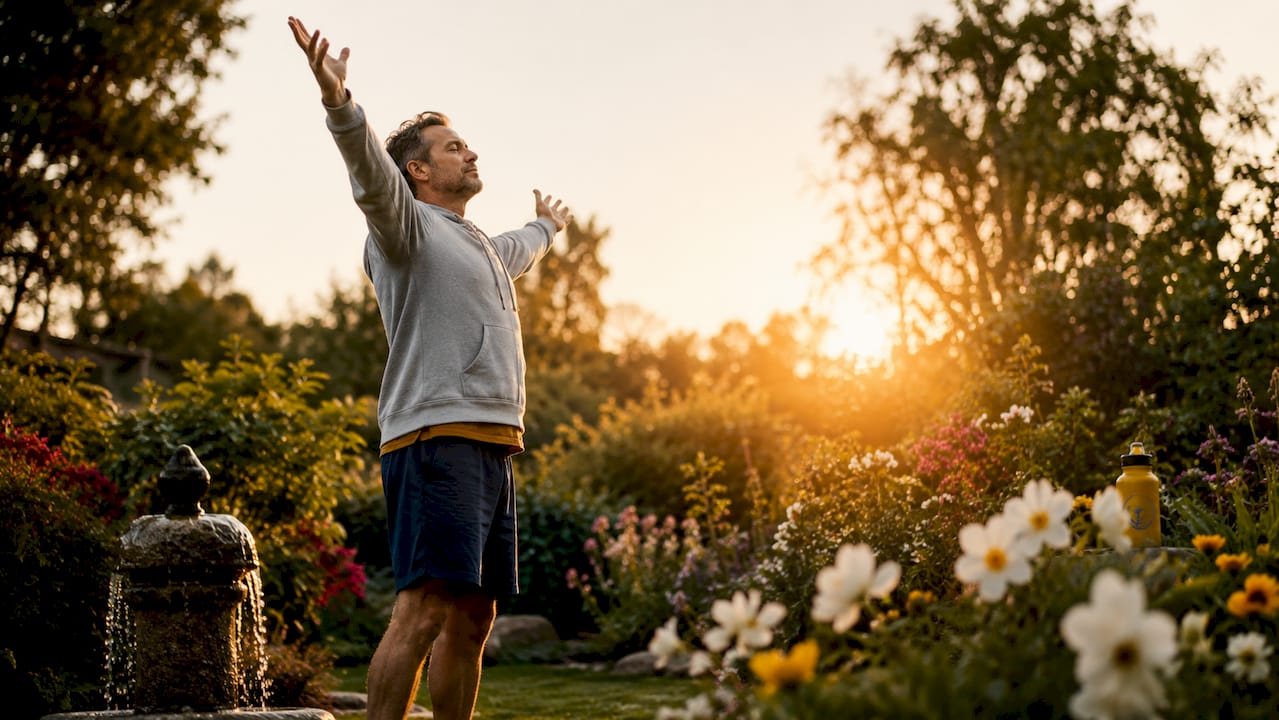 Man practicing mindful breath and stretch outdoors