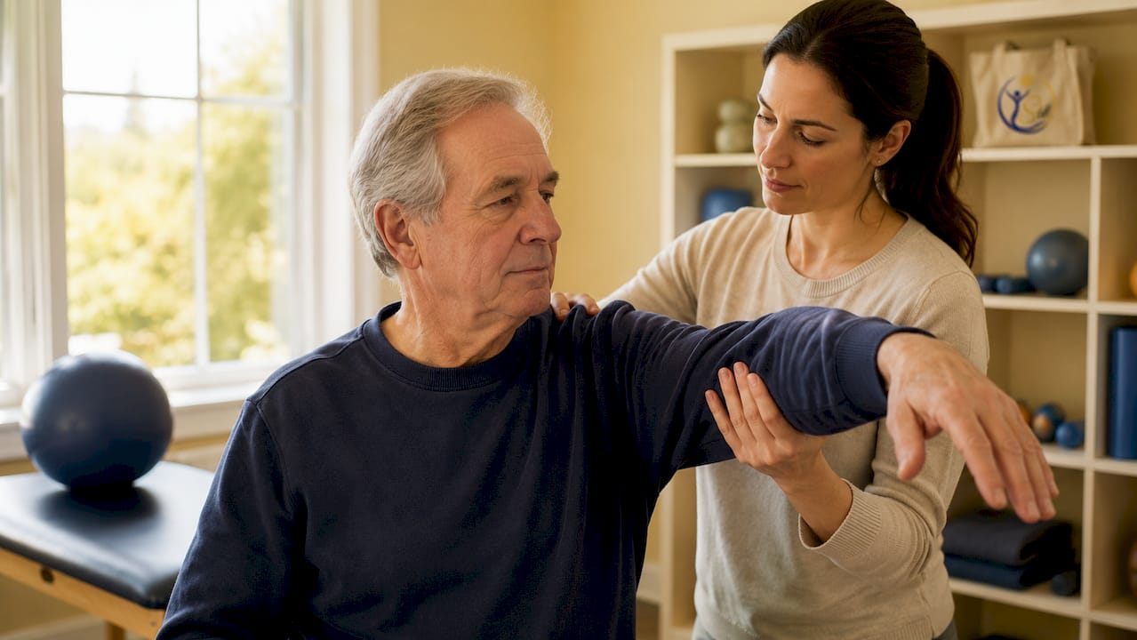 Therapist guiding arm movement for mobility exercise