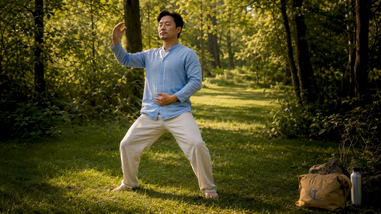 Man practicing Bear form Qigong outdoors close-up