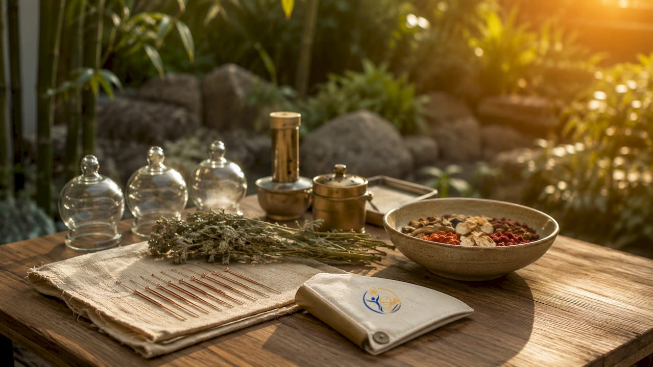 Top view of traditional TCM healing tools