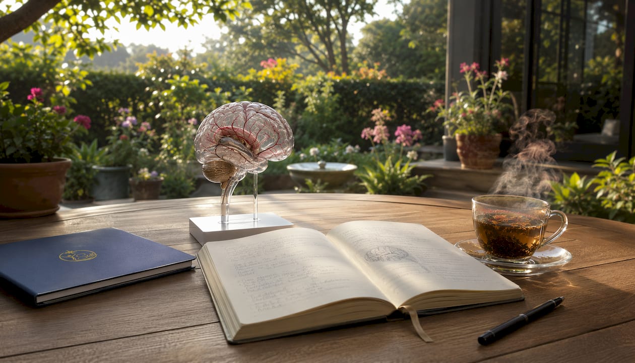 Anatomical brain model on study desk