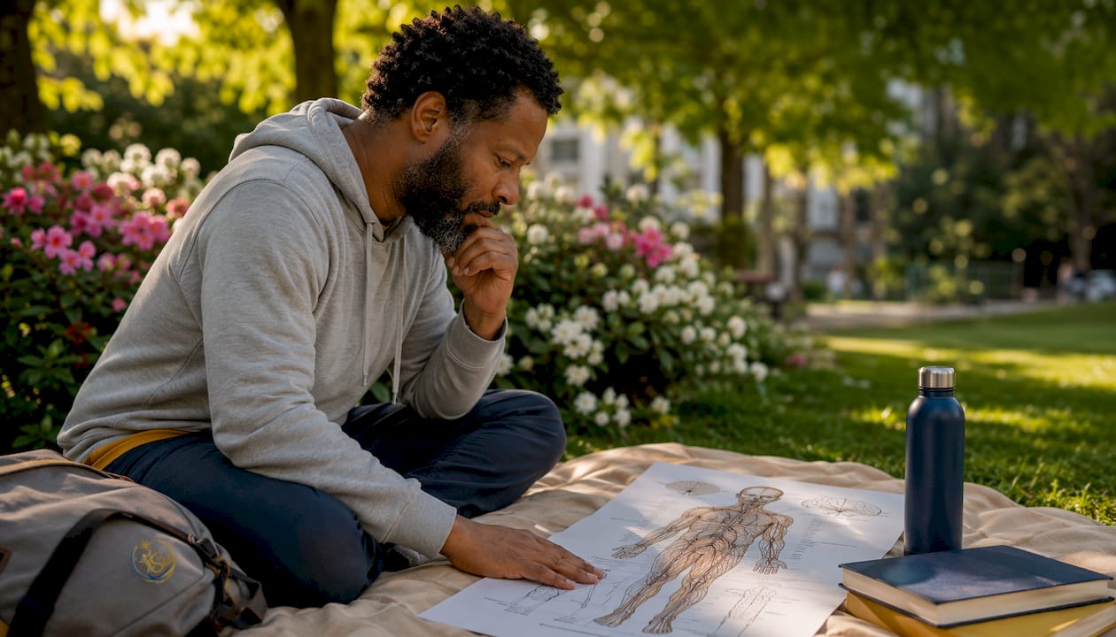 Man reviewing nervous system diagram in clinic