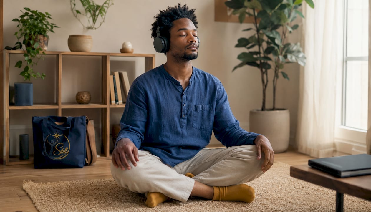 Man listening to calming sounds with headphones
