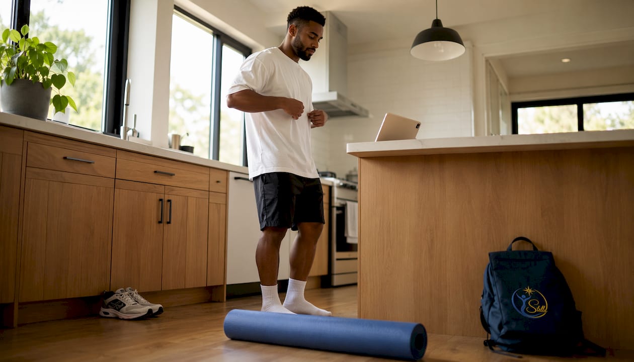 Man preparing Qigong indoors at home