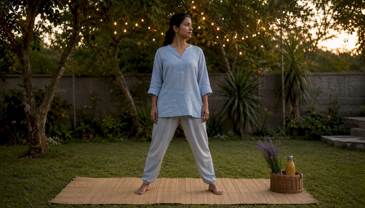 Woman doing Wuji stance in peaceful studio