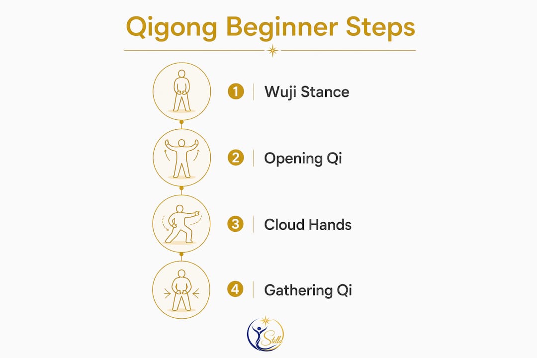 Infographic illustrating four beginner Qigong exercises