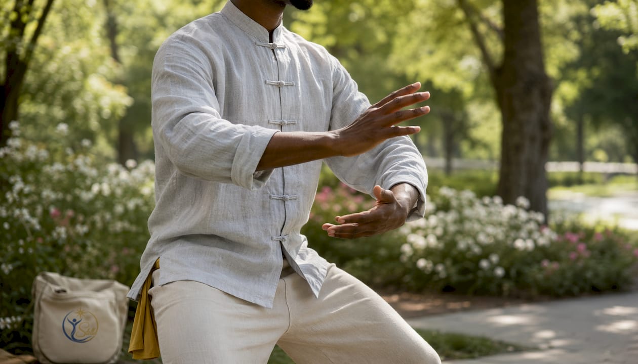 Close-up of hands and torso during Qigong flow