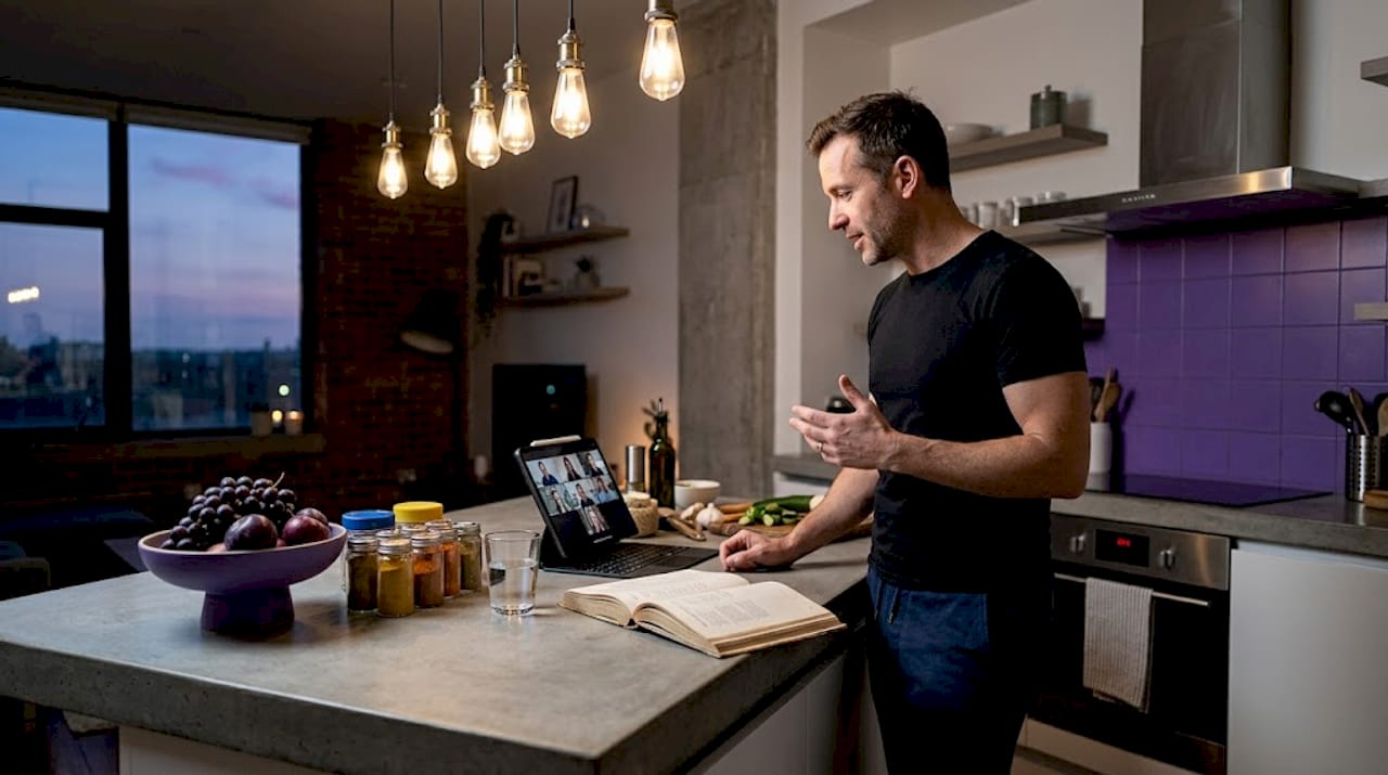 Solopreneur balancing work from kitchen