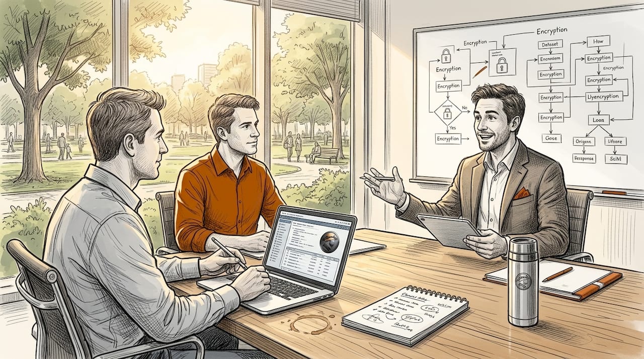 Venture team reviews encryption strategy in meeting