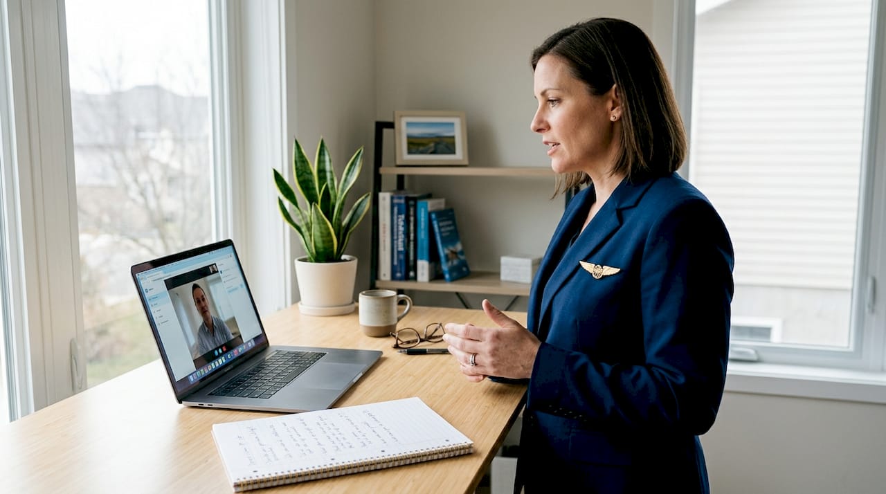 Pilot rehearses interview online at kitchen counter