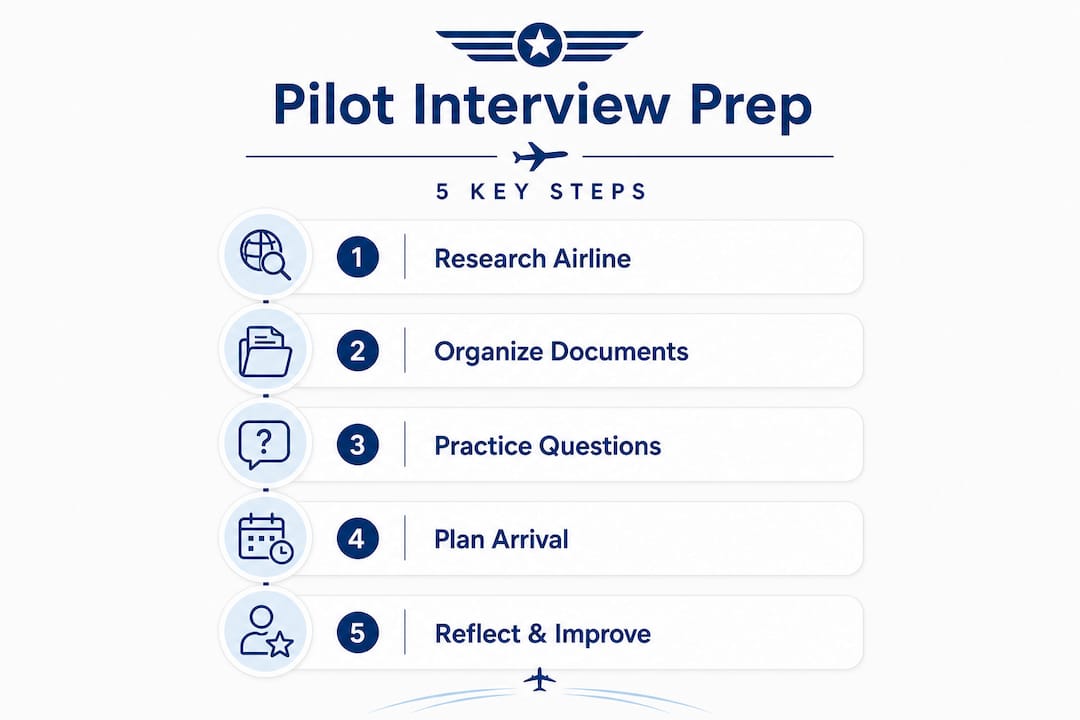Infographic showing five pilot interview prep steps