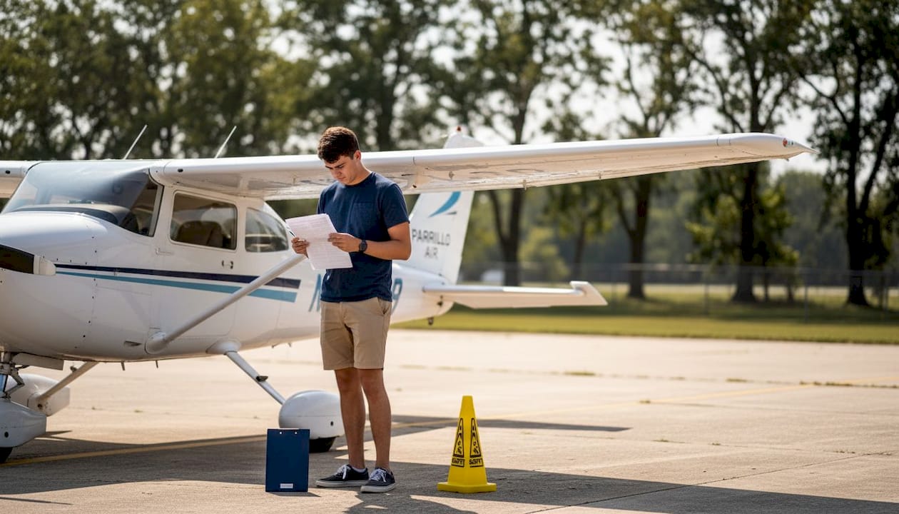 Flight student checking airplane before lesson