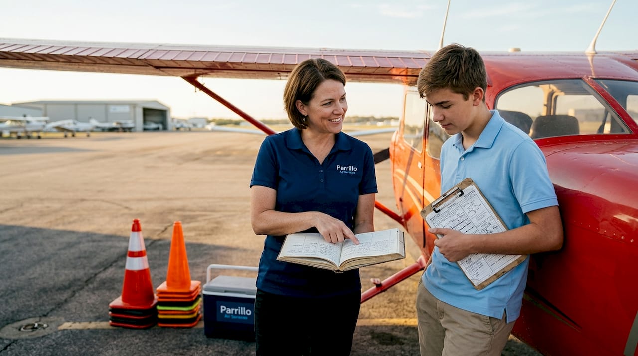 Instructor and student debrief beside training airplane