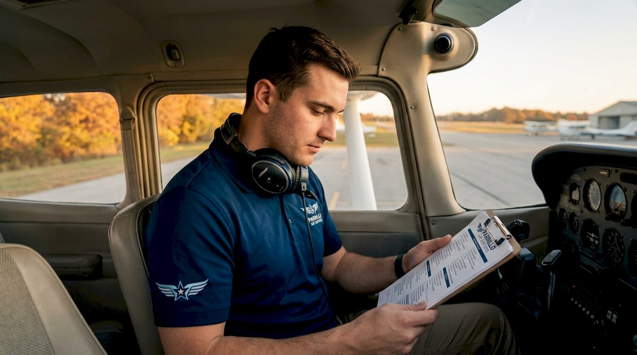 Flight student reviewing checklist in Cessna cockpit