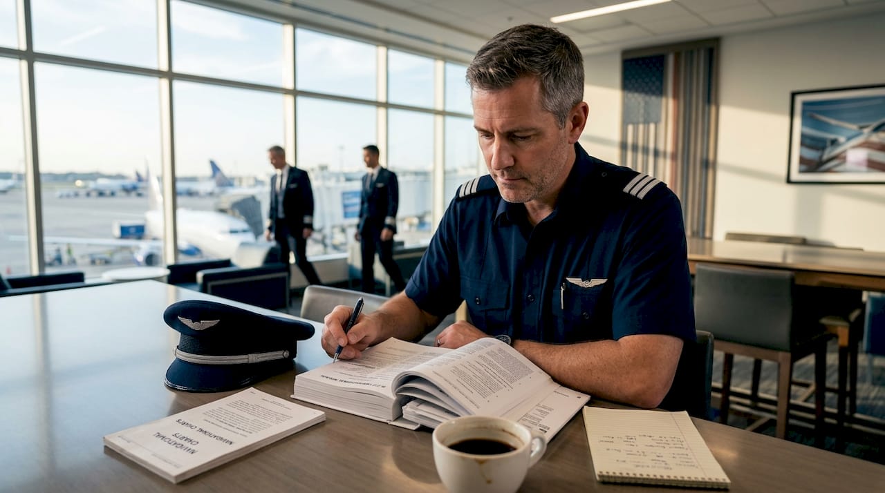 Airline pilot reviewing flight paperwork in lounge