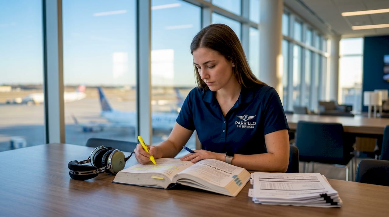Student pilot studying aviation textbook in classroom