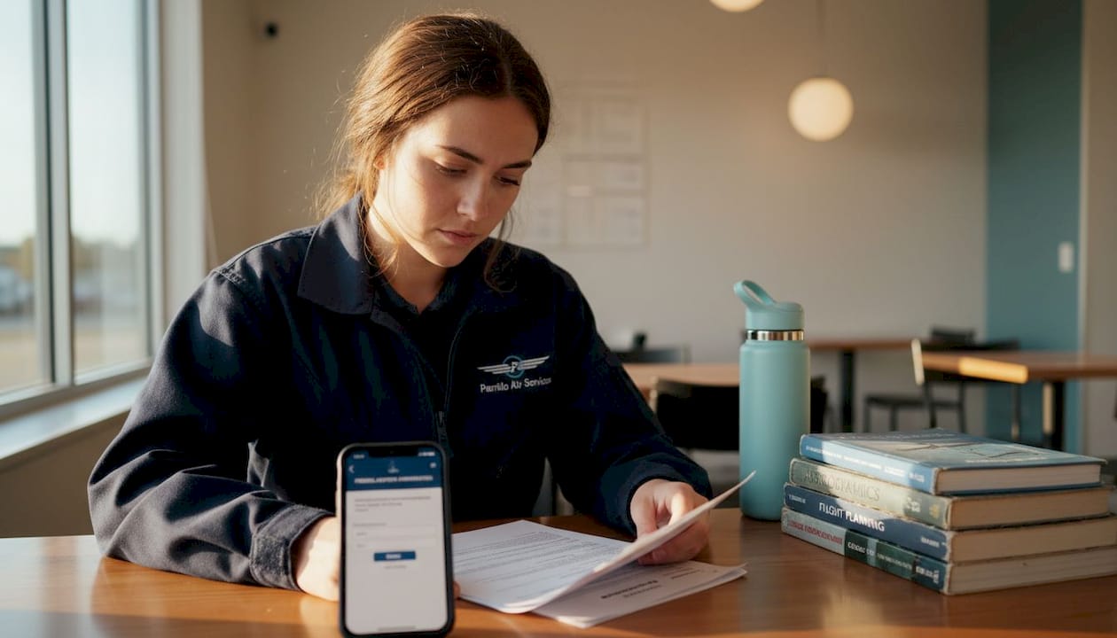 Student pilot reviews certificate application documents