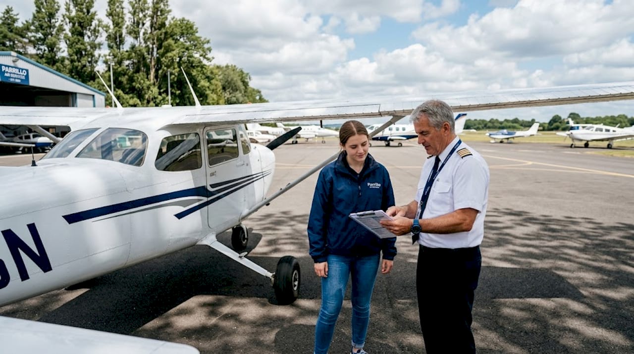 Instructor and student reviewing aircraft checklist