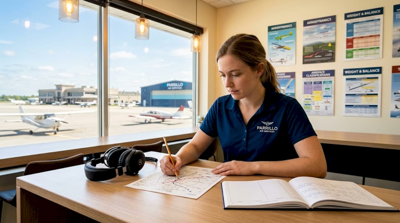 Student pilot studying in flight school classroom