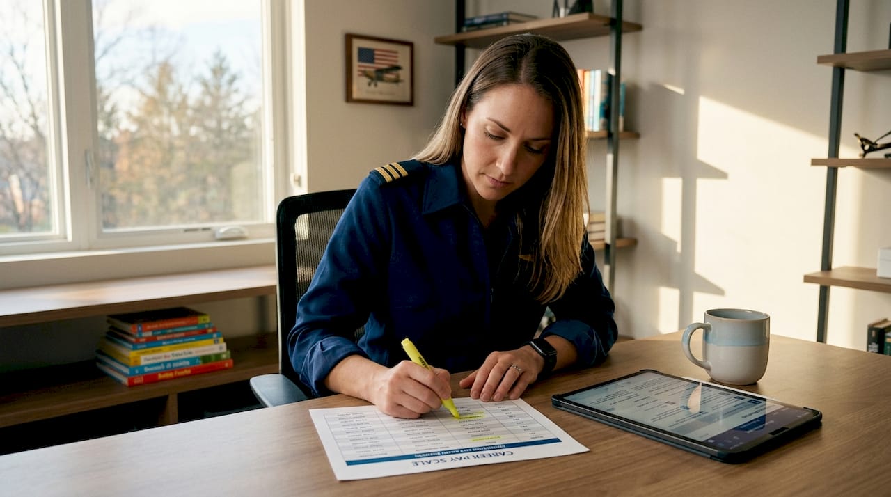 Pilot reviewing pay progression at kitchen table