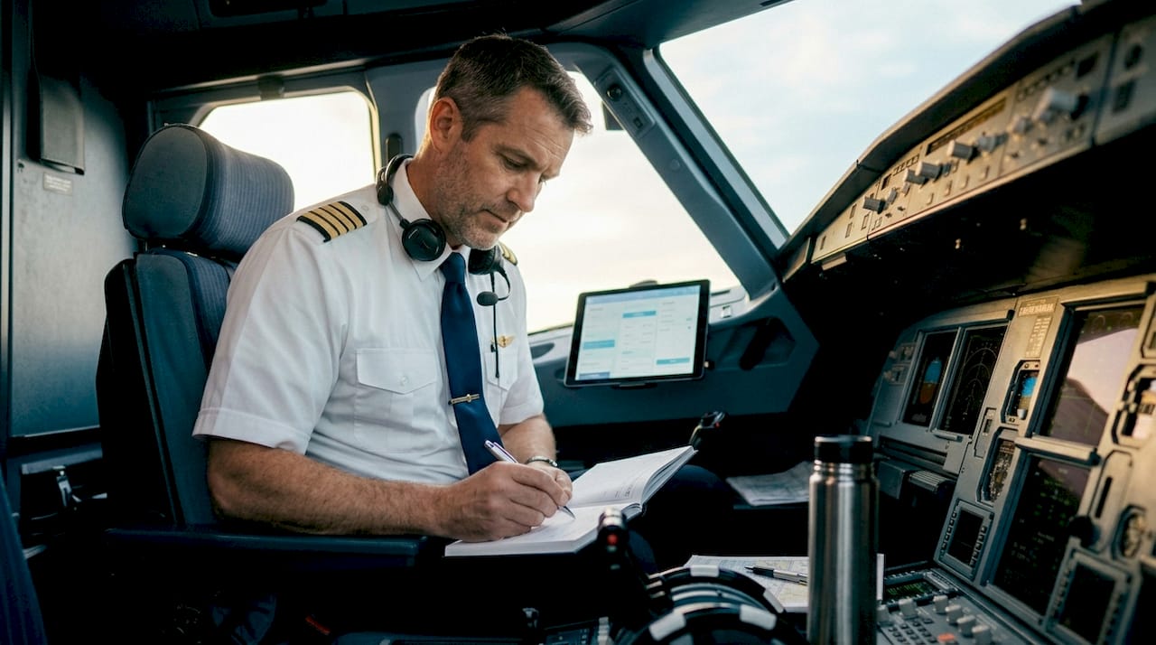 Pilot entering pay calculations in cockpit