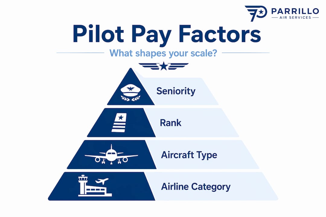 Infographic of four-tier pyramid of pilot pay factors