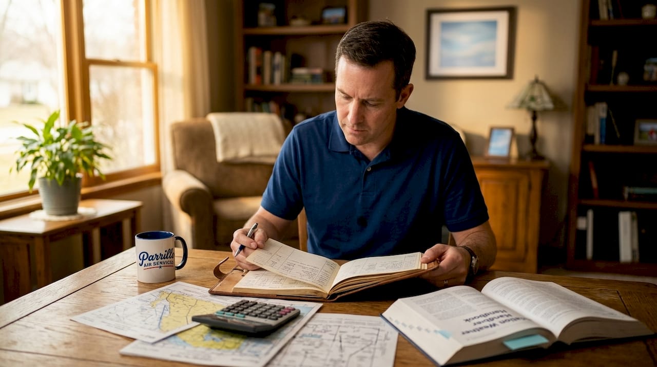 Pilot reviewing flight logbook hours