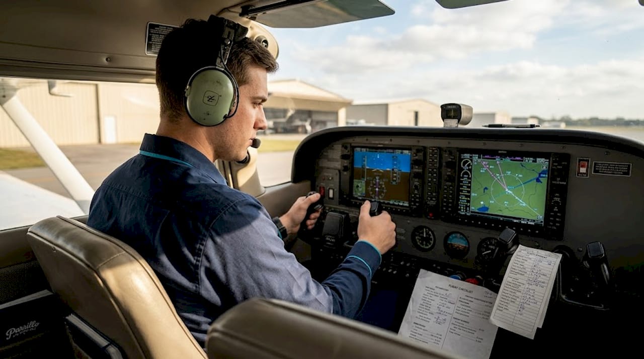 Pilot operating avionics in airplane trainer cockpit