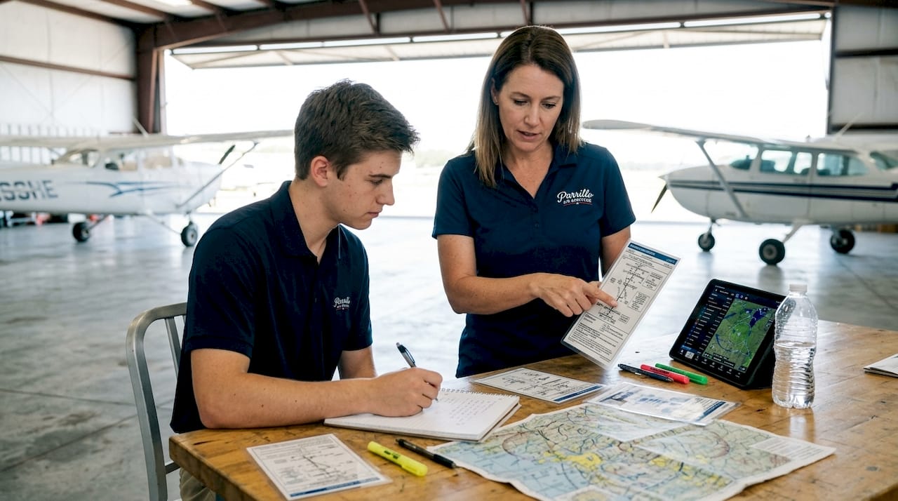 Instructor and student reviewing avionics procedures