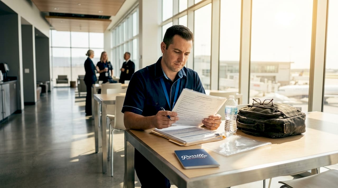 Airline pilot reviewing certification paperwork