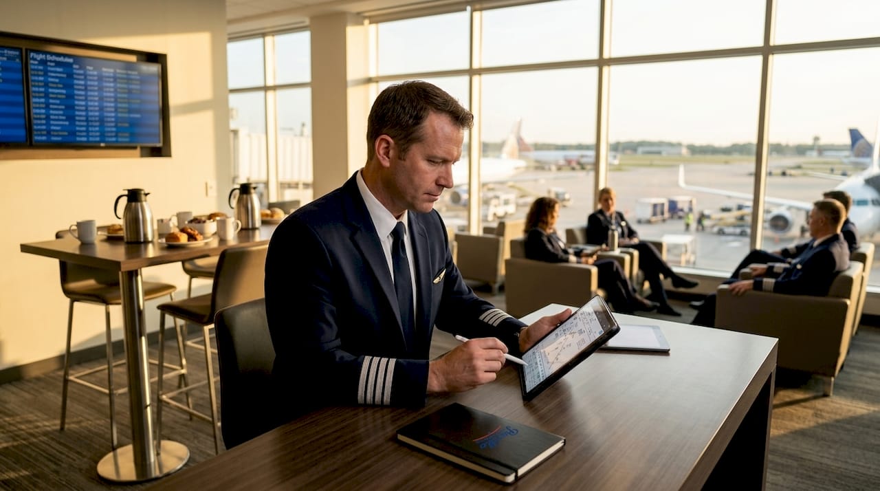Pilot reviewing flight plan in airport lounge