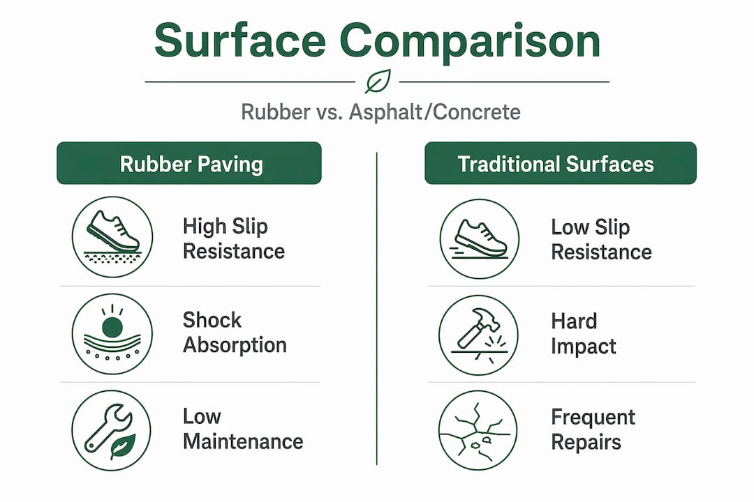 Infographic contrasting rubber paving and traditional surfaces