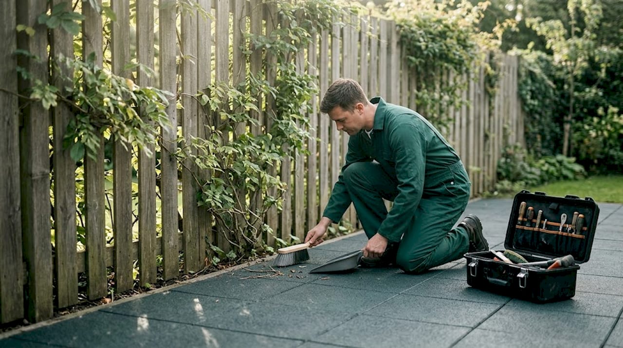 Worker maintaining rubber paved courtyard