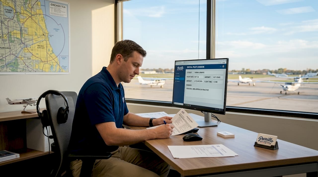 Flight instructor reviewing lesson plans in office
