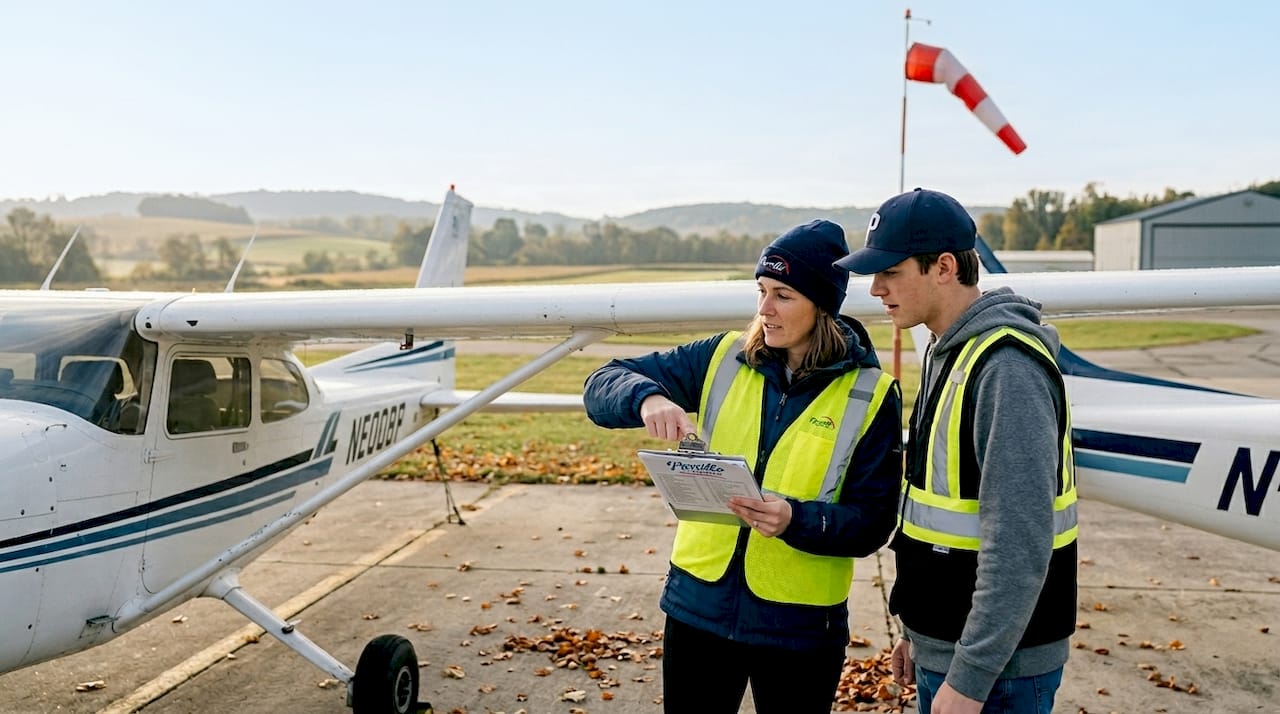 Instructor guiding student during preflight ramp check