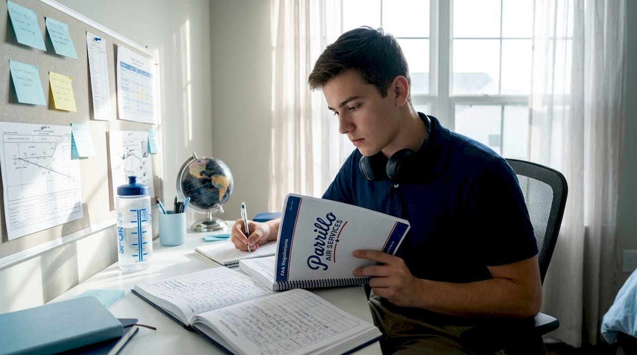Aspiring pilot studying FAA materials at home desk
