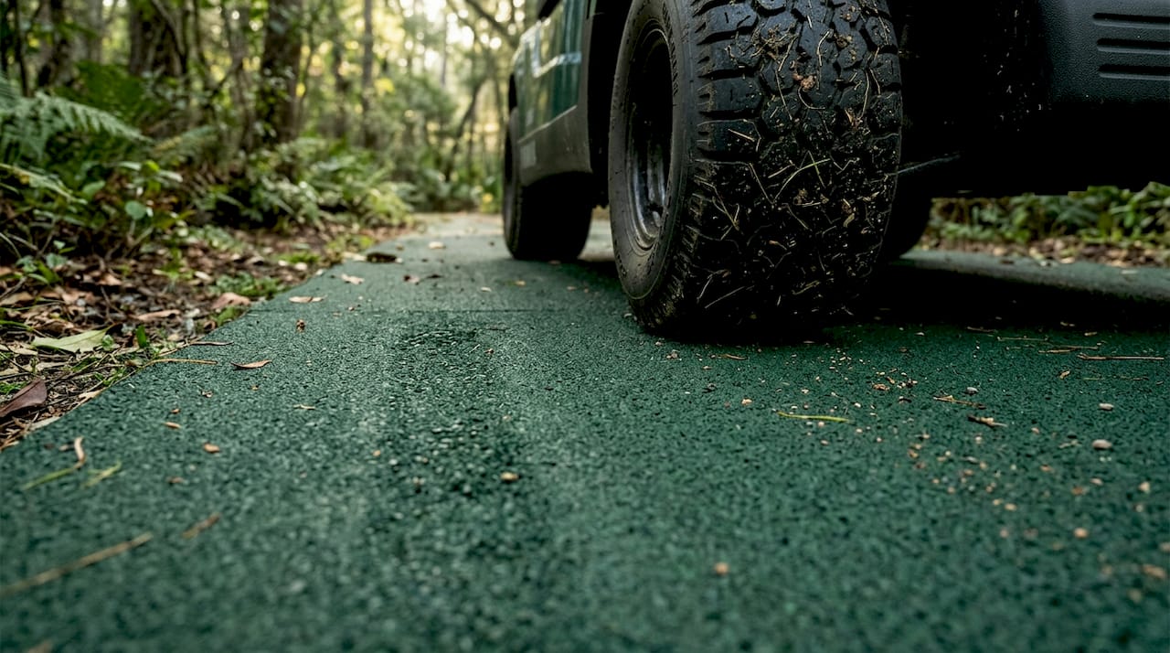 Golf cart tire rolling on rubber paving surface