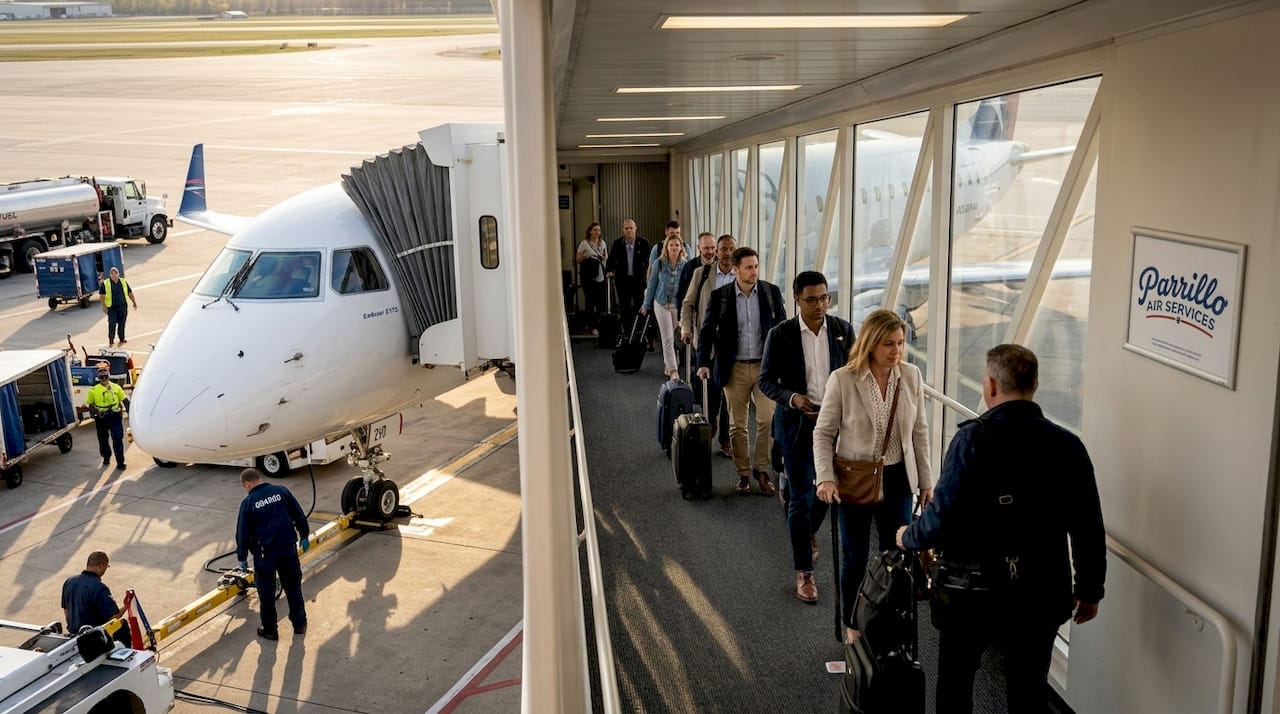 Regional airline passenger boarding small jet at airport gate