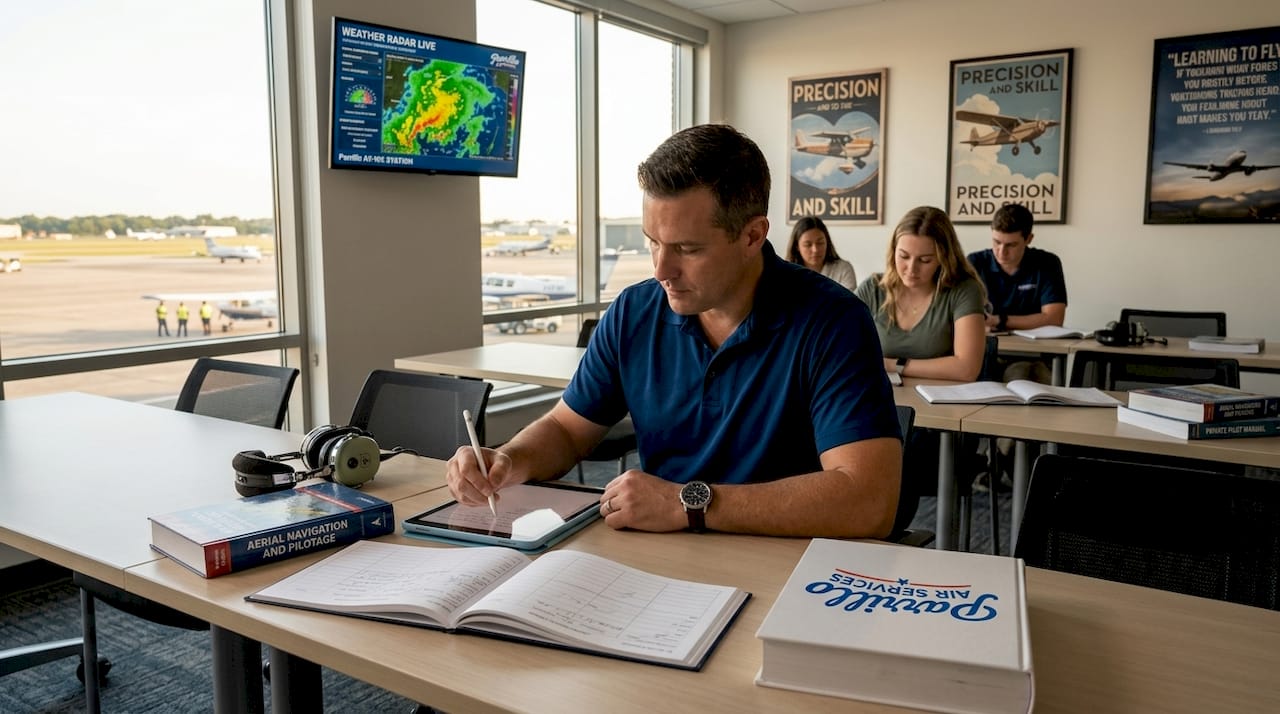 Flight student attending aviation ground school class