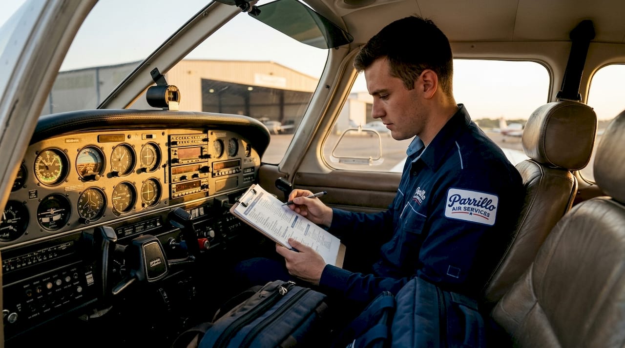 Student pilot preparing in light aircraft cockpit