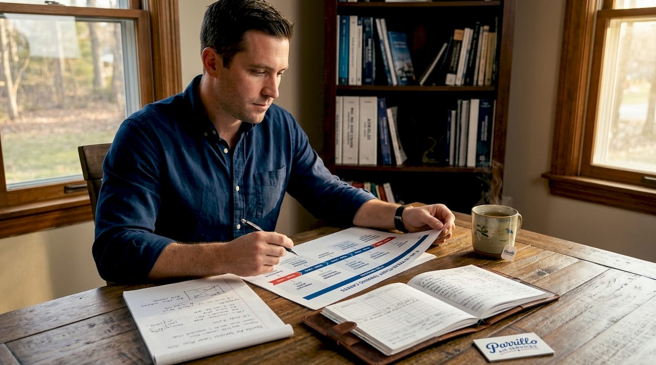 Pilot reviewing career pathway timeline at home