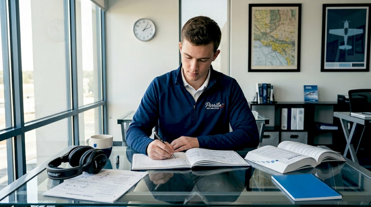 Pilot trainee studying at flight school