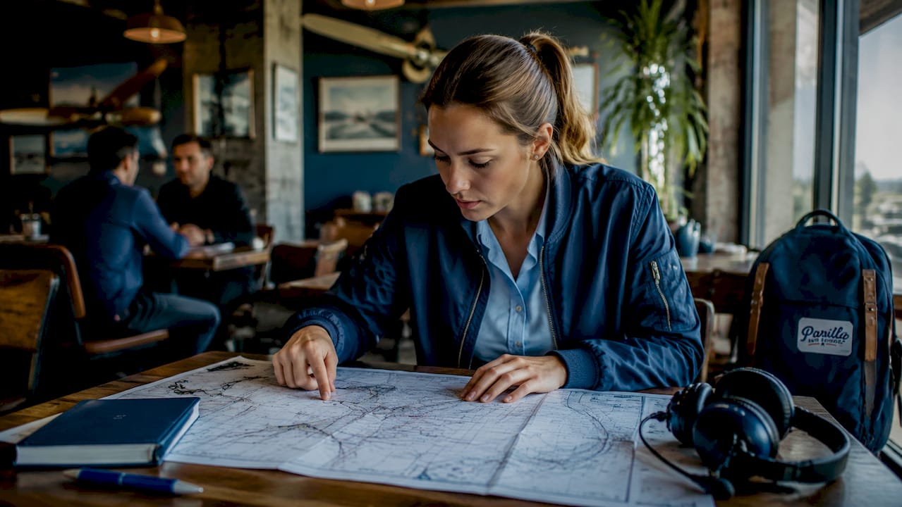 Student pilot reviewing instrument rating documents in cockpit