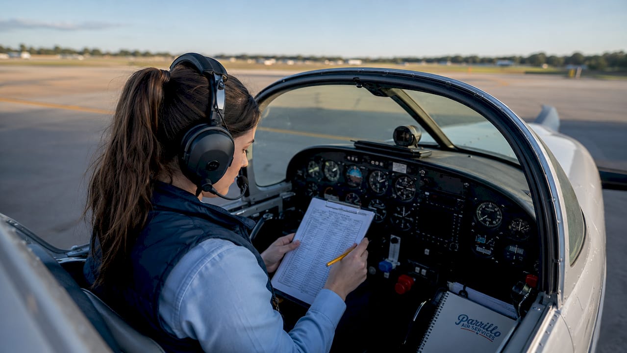 Pilot trainee reviewing checklist in cockpit