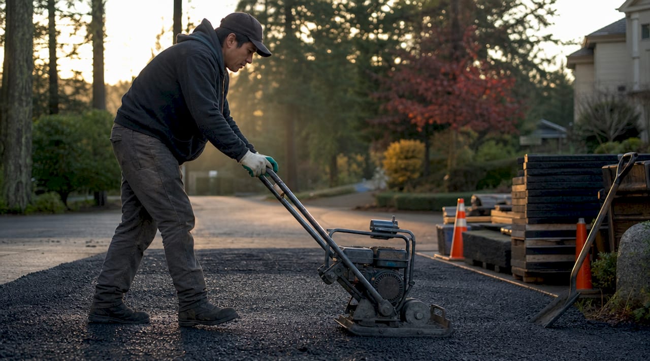 Worker compacting recycled asphalt paving outdoors