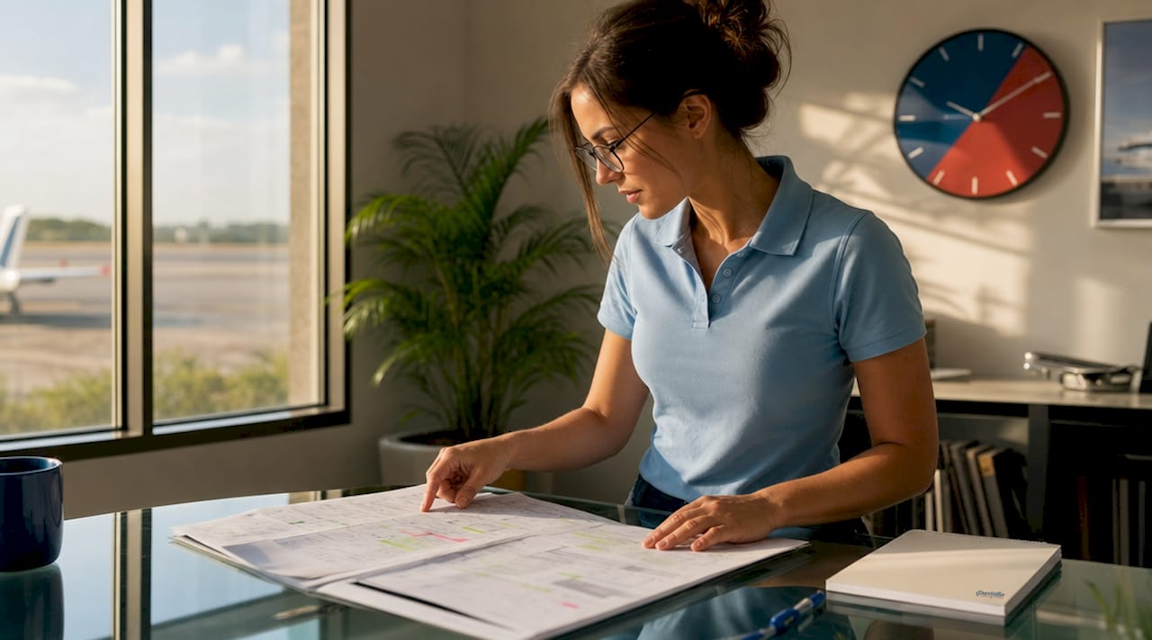 Flight instructor reviewing pilot training syllabus document