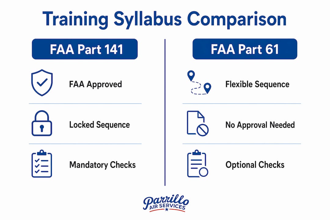 Infographic comparing FAA Part 141 and Part 61 syllabi